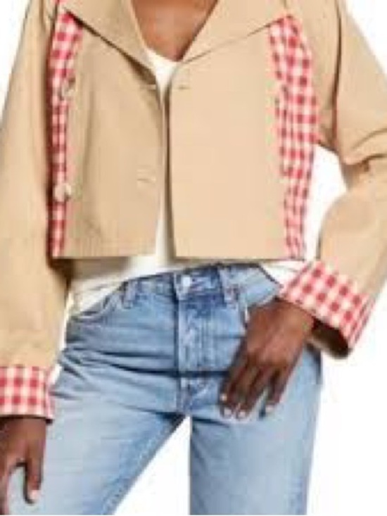 English Factory Jackets & Blazers - English Factory Beige Cropped Trench with Red Gingham Trim sz M